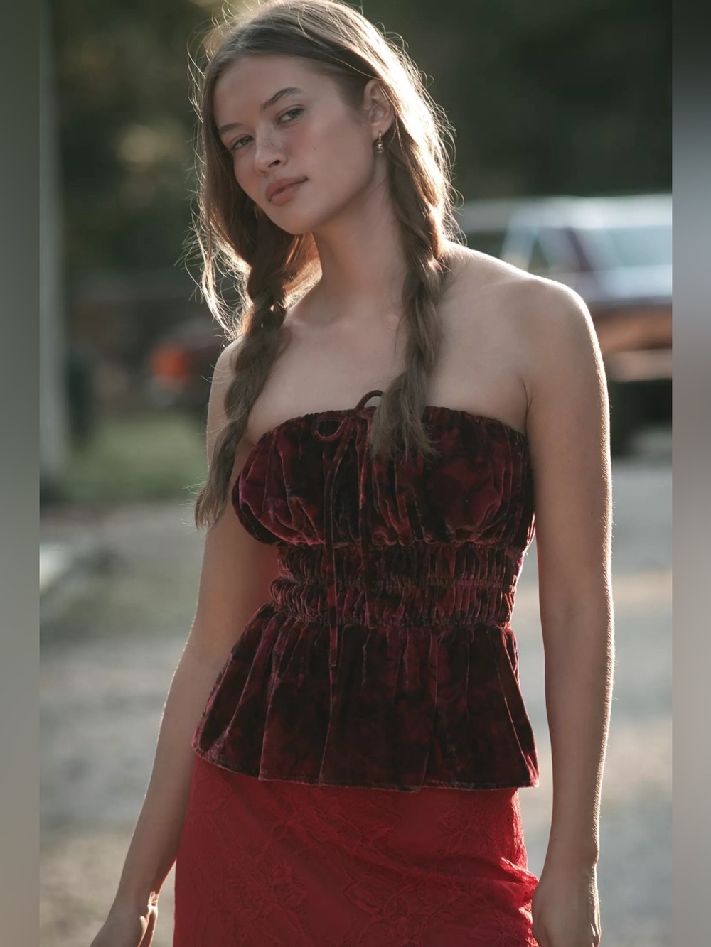 NWT Anthropologie The Somerset Strapless Blouse, Burgundy, Velvet, Size S